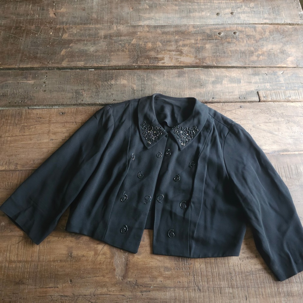 Vintage 1940s Black Crepe Beaded Bolero Jacket Cropped Evening Shrug 40s Noir
